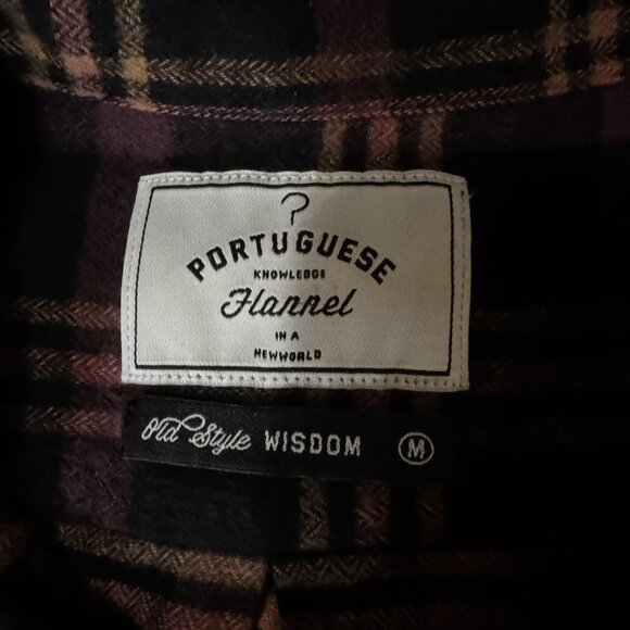 Portuguese Flannel Shirt Mens Medium Black Burgundy Plaid Button Down Cotton - Picture 4 of 8